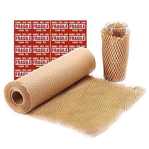METRONIC Packaging Paper 16''x300' Honeycomb Cushioning Wrap Roll Perforated-Packingï¼Œ1 Rolls 300 Ft Honeycomb Wrap Roll with 20 Fragile Sticker Labels, Honeycomb Wrap Roll for Packing & Moving