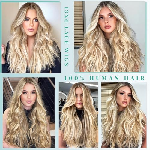Image of Munx Blonde Platinum Wig for Women, Ombre Lace Front Wig Human Hair Pre Plucked Ash Brown Roots Highlighted Blonde 13x6 Deep Part Lace Front Wigs With Baby Hair Glueless Wigs 22in