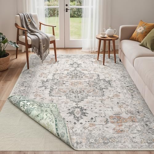 GENIMO - Tapis Vintage 80 x 150 cm antidérapant - Peluche Douce Bicolore Beige Vert - Idéal pour Chambre, Bureau, Facile à Nettoyer et réversible