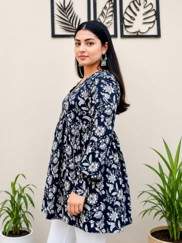 Image of Women's V Neck Short Kurti for Women | Floral Printed Cotton Blend Kurti | Full Sleeve Flared Tunic Top | Casual Ethnic Kurta Top for Women | Stylish Kurti with Jeans