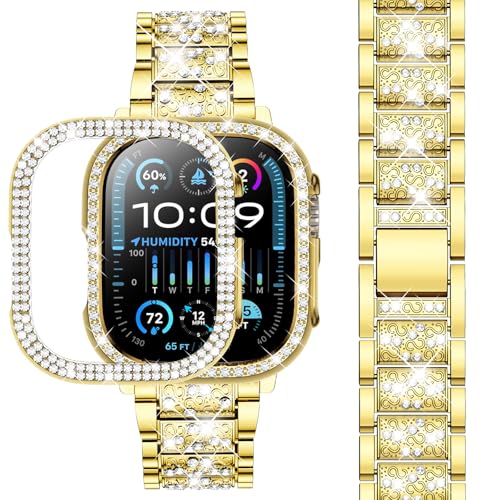 Image of SUPOIX for Apple Watch Band 49mm + Case, Bling Bands for Women (Gold) | Shiny Metal Bands & 2 Pack Protective Cover Cases for iWatch Ultra 49mm