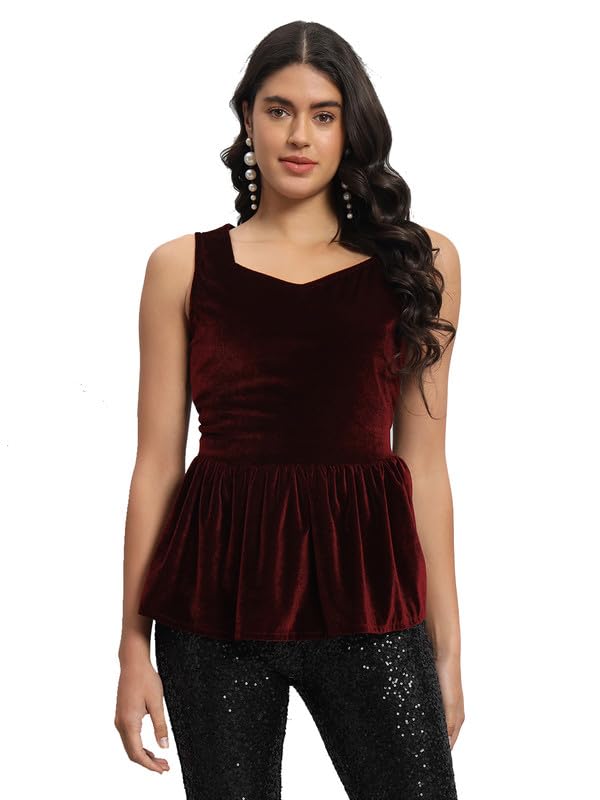 vaararo Sleeveless Party Top for Women | Shiny Velvet Waistline Ruffle Stylish Outfit Maroon-picture-17