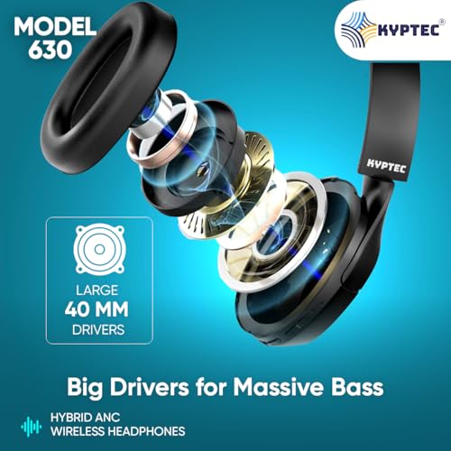 Image of KYPTEC Model 630 Hybrid ANC Bluetooth Wireless Headphones - Over Ear Noise Cancelling Headphone with Deep Bass, 50H Playtime, Large 40 MM Drivers, Quad Mics, Headphones Wireless with mic