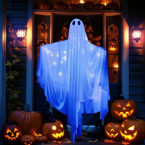 ALINILA Fantasmas pendentes de Halloween decoração: Fantasma branco de 1,2 m com luz LED azul - manga de vento brilhante para decoração de Halloween para jardim ao ar livre