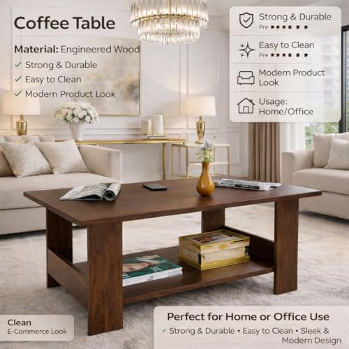 Image of Spyder Craft Modern Coffee Table with Open Storage Shelf - Minimalist Rectangular Center Table for Living Room, Office, and Lounge - Durable Engineered Wood, Easy Assembly (Columbian) (Assembly -DIY)