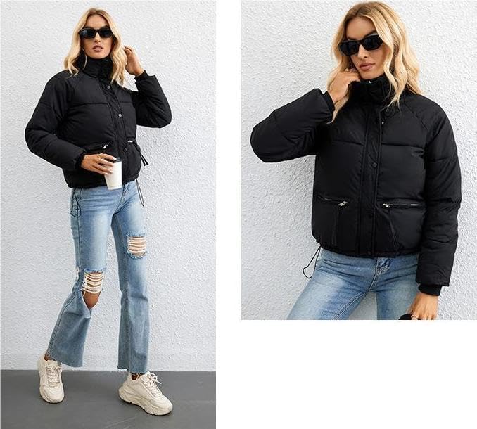 Women's Cropped Puffer Jacket Stand Collar Winter Warm Puffy Quilted Jackets Coats - Image 7
