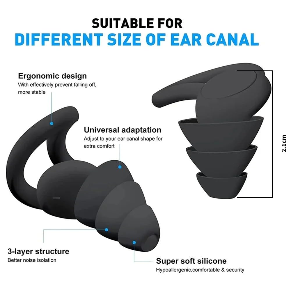 Bouchons d'oreilles en silicone souple 3 couches réutilisables avec suppression du bruit pour voyage (Noir)