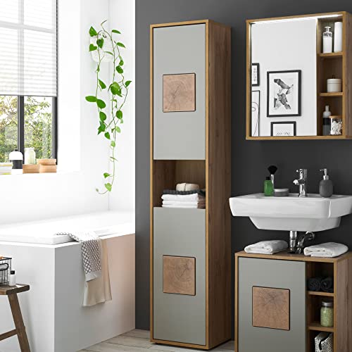 GREECE Hoge badkamerkast in basalt, Wotan eikenlook met hersenhouten applicaties, badkamerkast met veel opbergruimte, 40 x 190 x 30 cm (b x h x d) - Afbeelding 3