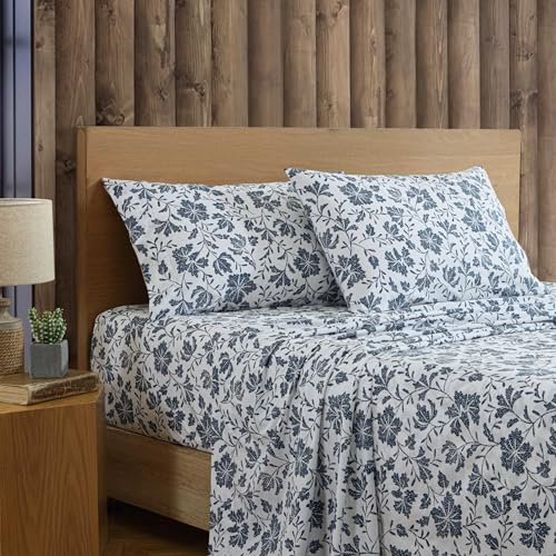 Image of Eddie Bauer - Full Sheet Set, Premium Cotton Percale Bedding Set, Floral Home Decor, Oeko-Tex Certified (Woodblock Floral Blue, Full)