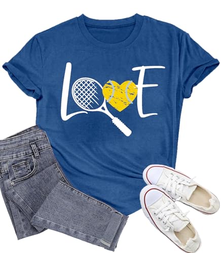 Wlen Tennis Shirt for Women Funny Game Day T-Shirts Love Tennis Heart Tees