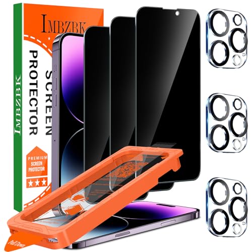 IMBZBK [Auto-Dust Removal] 3 Pack Privacy Screen Protector for iPhone 14 Pro Max Anti Spy Private Accessories Case Friendly Film Military Grade Tempered Glass 3 Camera Lens Protector