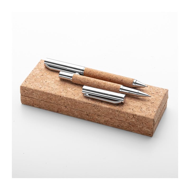 ONE SHOP Set 2 Stifte aus Kork mit Drehkugelschreiber + Rollerstift mit Metallkappe umweltfreundlich, elegant, Geschenkidee, Federmäppchen, 16 × 6 × 3 cm, Stifte 13 cm