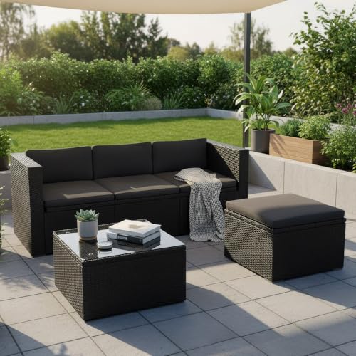 Juskys Gartenmöbel Set M – Punta Cana Polyrattan Lounge Möbel für 3–4 Personen mit Sofa, Sessel, Tisch & Kissen, wetterfeste Balkonmöbel für Garten & Terrasse – Schwarz/Grau