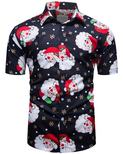 fohemr Men Christmas Hawaiian Floral Shirt Button Down Shirt Santa Claus Funny Printed Short Sleeve Party Holiday Shirt Black X-Large
