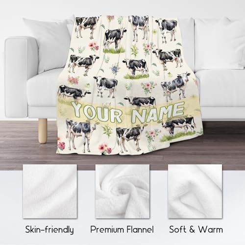Custom Cow Blanket for Boys, Cozy Soft Throw Gifts, Cute Yellow Flannel Throw Blankets for Couch Office, 50x60 Inches