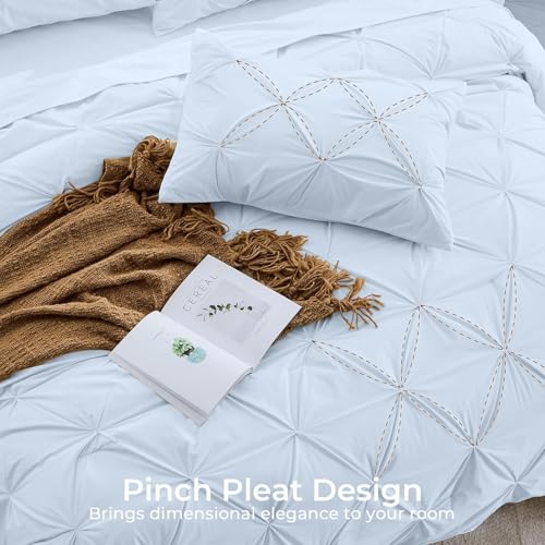 Image of Sasttie King Size Comforter Set, 7-Piece Bed in a Bag, Pintuck Bedding Sets for All Season, Includes Comforter, Flat Sheet, Fitted Sheet, Pillowcases and Pillowshams, Light Blue