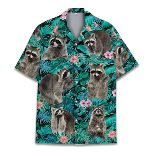 Tropical Raccoon Hawaiian Shirts for Men Women, Summer Beach Animal Button Down Short Sleeve, Raccoon Lover Gifts