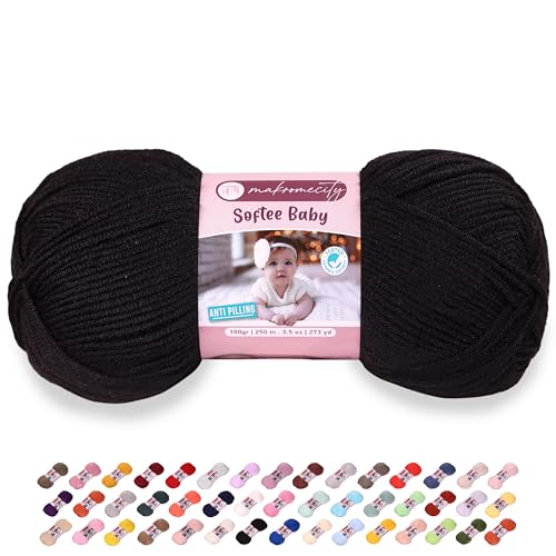 Image of Makromecity Softee Baby Yarn,%100 Premium Anti-Pilling Acrylic, 3.5 Oz, 273 yd (100gr /250 mt), Black Soft Yarn for Crocheting and Knitting (Black, 1 Skein)