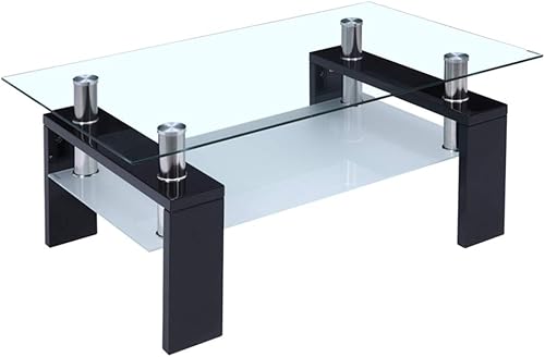 Miniatura 30 de Mesa auxiliar para sala de estar, mesa de centro moderna con almacenamiento, mesa central de vidrio de 2 niveles con patas de madera, muebles para