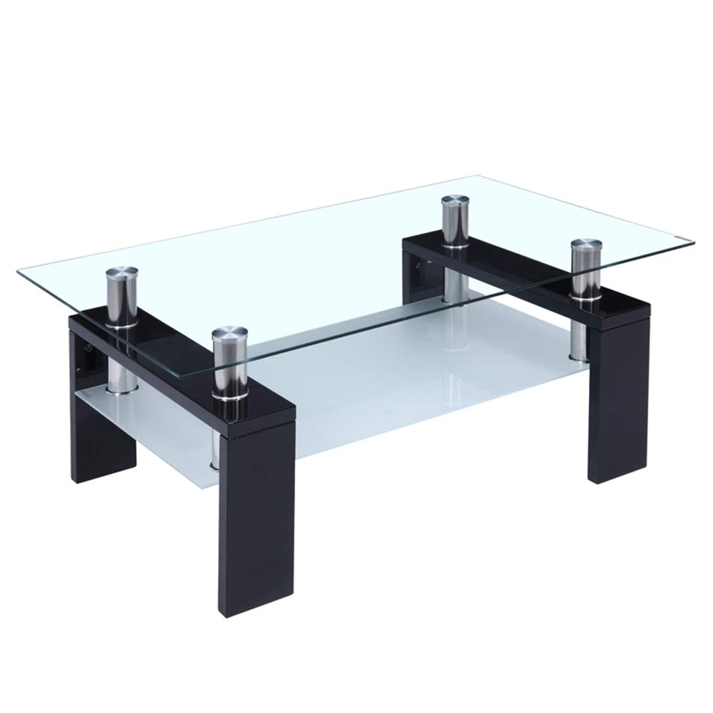 Coffee Table Glass Top Modern Rectangle Coffee Table with Lower Shelf Wooden Legs Living Room Furniture US Stock