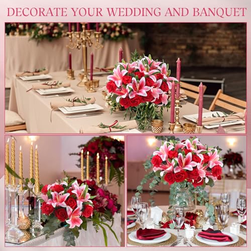 Hotop 20 Pcs Artificial Flowers Velvet Realistic Roses and Latex Lilies Flowers Bouquet Decorations Arrangements for Home Table Centerpieces Wedding Decor(Pink, Red) by Hotop - Used condition - Image 6