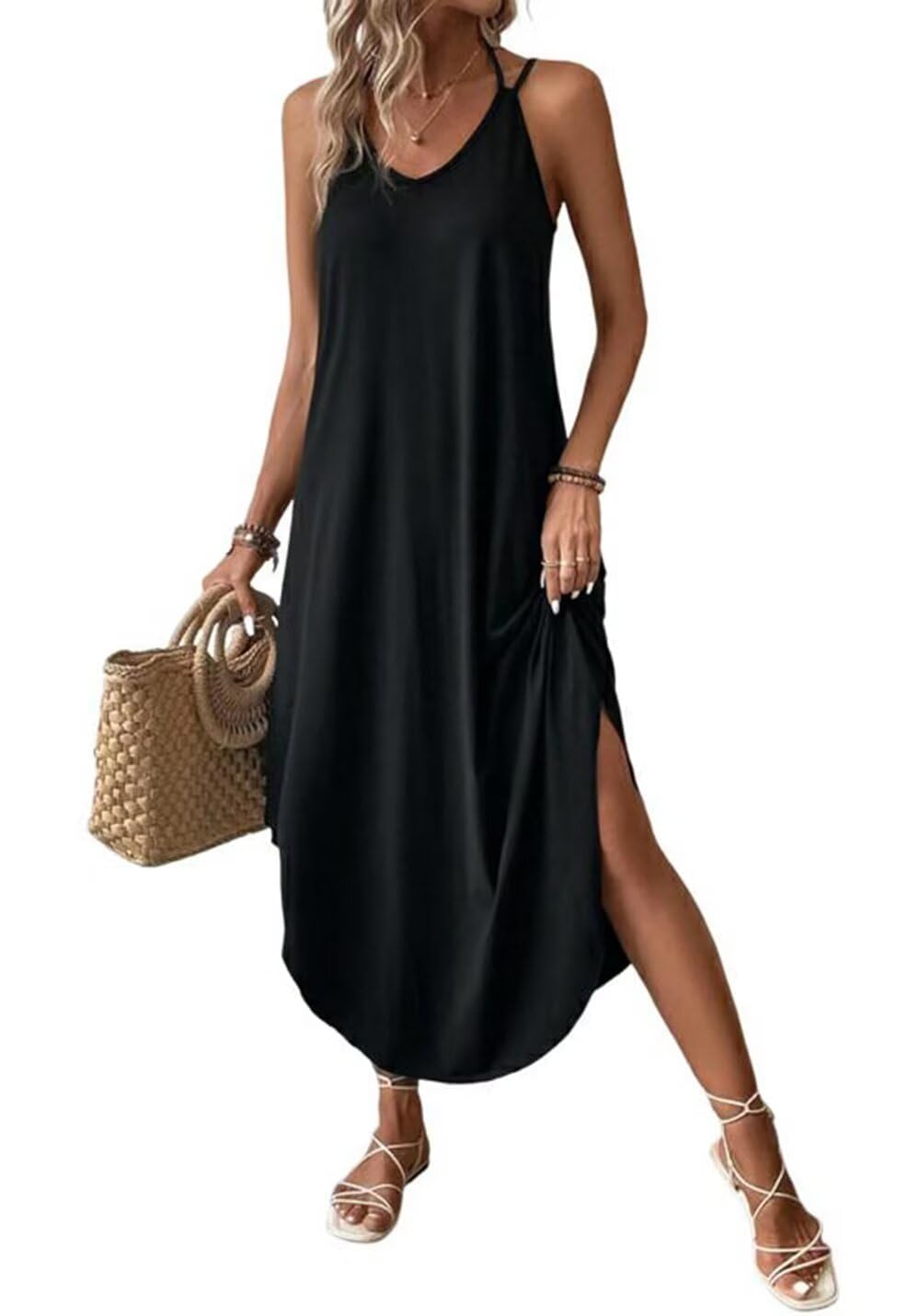 Chicrise Robe D'été Femme Longue Maxi Robe sans Manches Col V Robe De Plage Décontracté