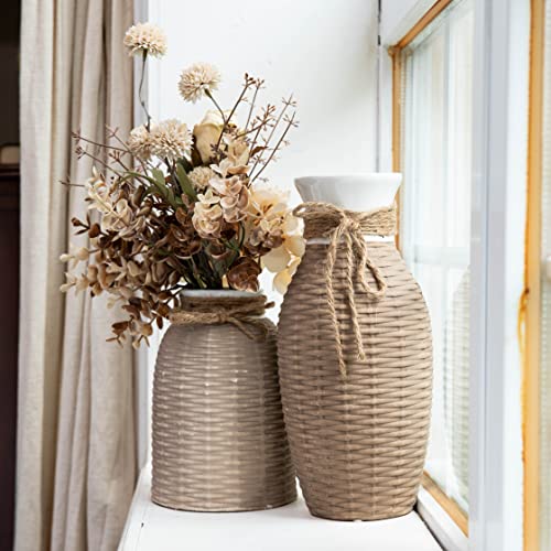 Teresa's Collections Modern Farmhouse Ceramic Vase For Home Decor, Woven Effect Boho Vase For Pampas Grass, Decorative Rustic Flower Vase For Table Centerpiece, Living Room, Fireplace, 11 In -Set Of 2 #TOP2