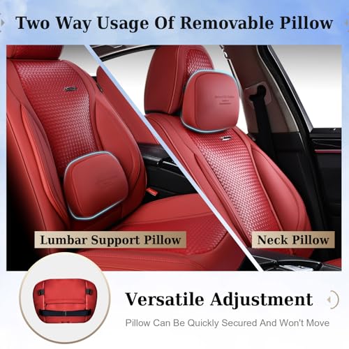 Image of Coverado Seat Covers, Car Seat Covers Front Seats, Waterproof Nappa Leather Auto Seat Cover with Lumbar Head Pillow, Red Seat Covers Carseat Cover Universal Fit for Most Cars