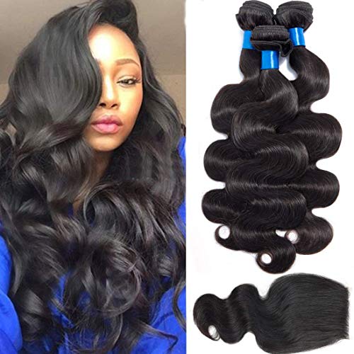CRANBERRY Hair Brazilian Virgin Hair 3 bundles With Closure Body Wave Free Part 100% Unprocessed Human Hair Bundles Weave Weft with Lace Closure Natural Color(18 20 22+16 closure, Free Part)