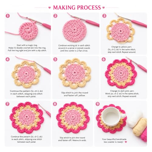 Image of picknMAKE 6 Pcs Floral Crochet Lace Bloom DIY Coaster Kit, Crochet Kit for Beginners, Crochet Yarn Full Kit, Multicolor Decorative Crochet Flower Tea Coasters Craft Kit with All Material Included