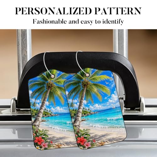 Image of Tropical Beach Palm Tree Luggage Tags 2 Pack, PU Leather