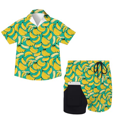 Juload Bananas Boys Hawaiian Outfit Kids 2 Pieces Button Down Shirts And Compression Lining Short Sets For Beach Summer L