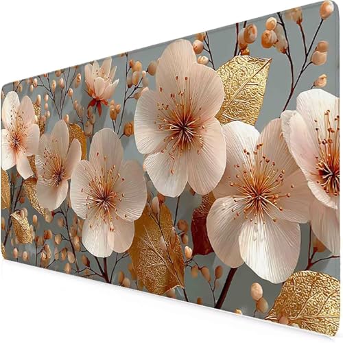 Tapis de souris XXL fleur beige de 600x300mm pour gaming et bureautique