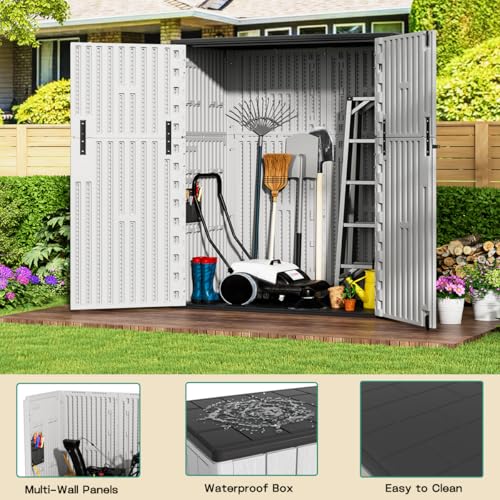 Image of KINYING Outdoor Vertical Storage Shed,57 Cu.ft Outdoor Storage Cabinet Waterproof,Resin Sheds & Outdoor Storage Clearance for Garden,Patio,Backyard,Lockable (Grey)