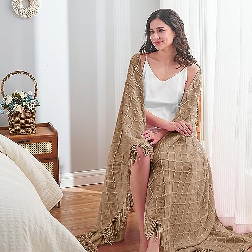 inhand Knitted Throw Blankets for Couch and Bed, Soft Cozy Knit Blanket with Tassel, Khaki Lightweight Decorative Blankets and Throws, Farmhouse Warm Woven Blanket for Men and Women, 50"x60"