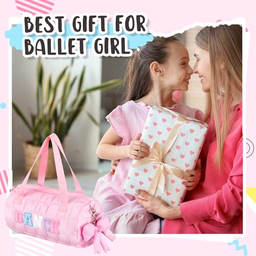 Image of 12.8 Inches Quilted Puffer Ballet Dance Bag Cute Tote Bag with Hanging Bow Pendant for Travel Dancing Dress