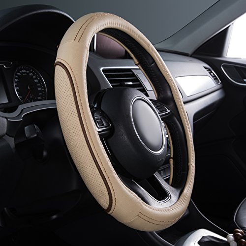 Car Pass Line Rider Universal Fit Delux Leather Steering Wheel Cover, For Suvs,Sedans,Vans,Trucks For 14.7" To 15" (Beige) #TOP7