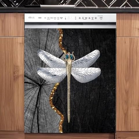 MLGB Silver Stainless Steel Dragonfly Dishwasher Magnet Cover Skin Panel, Wood Texture Abstract Kitchen Decor Refrigerator Magnetic Sticker, Dragonfly Vinyl Decal, Magnetic 23" x 26" Cover