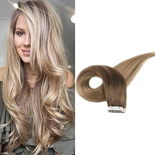 【Promotion】Full Shine 16 inch Real Hair Tape In Extensions Dip Dyed Hair Color #10 Fading to #14 Highlighted Balayage Remy Hair Extneions 20Pcs 50gram Per Package