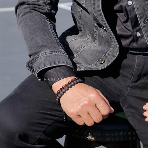 HASKARE Energy Beads Tiger Eye Bracelet for Men, Red Tiger Eye Beads Lava Stone Bracelets, Handmade Protection Crystal Bracelet Mens Jewelry Bracelets Father Christmas Gift for Stress Relief 8mm2