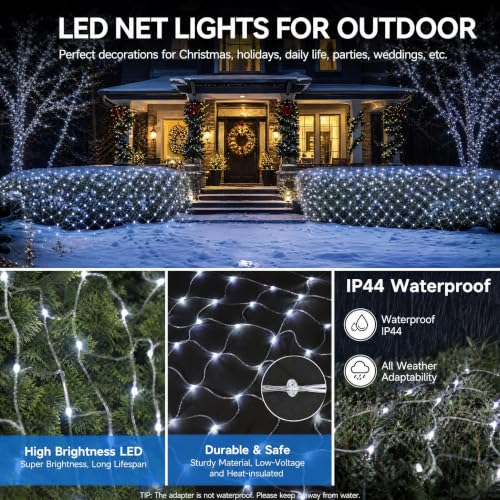 Image of Dazzle Bright Christmas 360 LED Net Lights, 12FT x 5 FT Connectable Waterproof String Lights Clear Wire with 8 Modes, Christmas Decorations for Indoor Outdoor Xmas Party Yard Garden Decor (White)