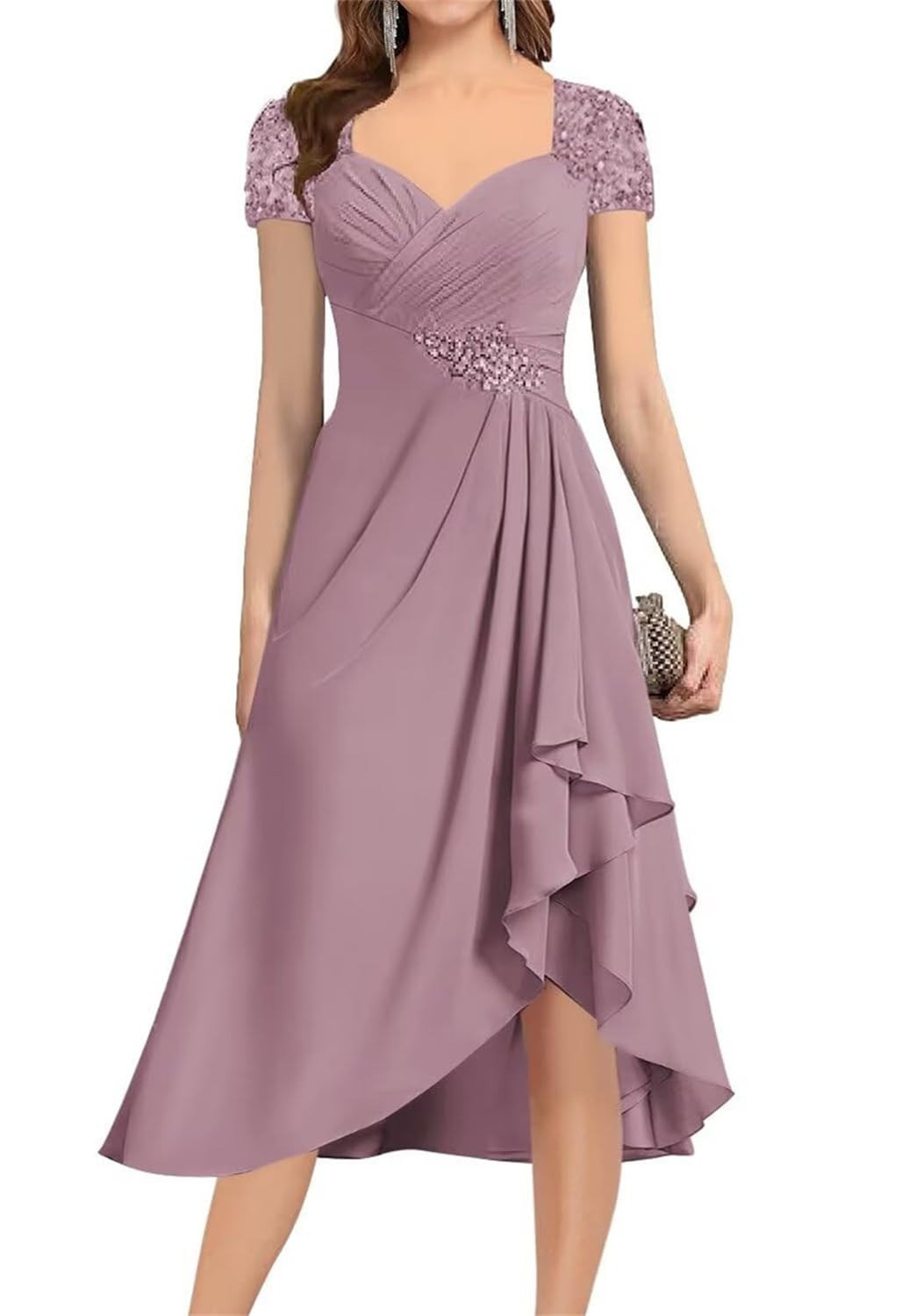 Yiann Women's Wisteria Tea Length Mother For The Bride Dresses For With Sleeves Wedding Guest Dress Formal Gown Uk18