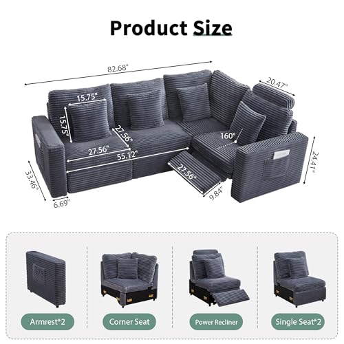 Image of RARZOE Modular Sectional Sofa with Power Recliner, 4-Seater L-Shaped Corduroy Reclining Couch Sectional with Headrest, Flexible Combination Fluffy Comfy Cloud Comfy Couches for Living Room,Grey