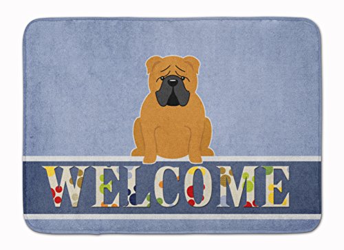 Caroline's Treasures BB5703RUG English Bulldog Red Welcome Machine Washable Memory Foam Mat, Bathroom Rug, Non-Slip Bath Mat, Durable Thick Washable Rugs for Kitchen, Bathroom Quick Dry, Decorative Ar
