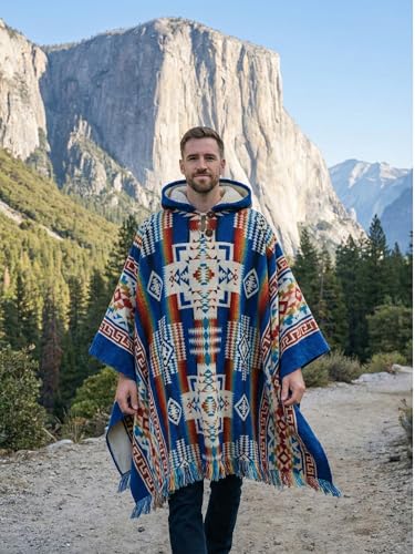 Image of Wool Poncho Adult Ponchos With Hood for men Alpaca Poncho Men Artesanal Ponchos Adult Alpaca Mens Panchos
