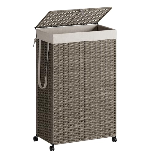 Rolling Laundry Hamper with Wheels and Lid, 90L Slim Laundry Basket with Removable Bag, Foldable Handwoven Rattan Laundry Sorter, Narrow Dirty Clothes Basket Organizer, No Assembly, Grey