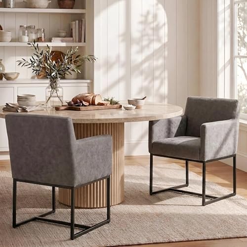 Image of HNY Mid Century Modern Upholstered Dining Chairs with Arms Set of 2, Faux Leather Accent Chairs with Black Finish Metal Frame, 19'' Wide Arm Chairs for Living Room Kitchen Bedroom, Grey