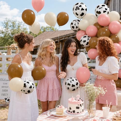 Image of Cow Print Balloons, 60 Pcs 12 Inch Brown Pink Ivory White Latex Balloons for Cow Birthday Party Decorations Cowgirl Baby Shower Western Party Decorations
