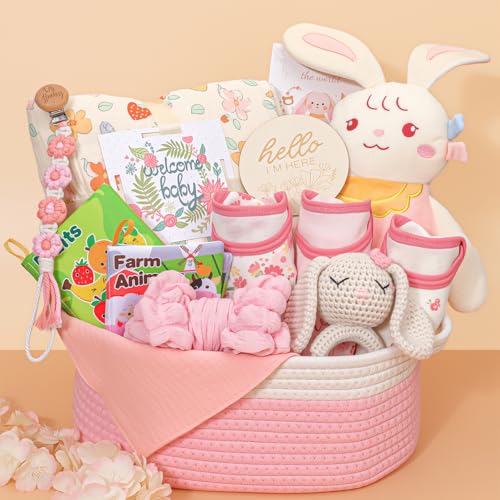 Baby Girl Gifts,Baby Shower Gift Baskets for Girls,Gender Reveal Gifts,Unique Baby Girl Newborn Essentials with Blanket Rattle Toys