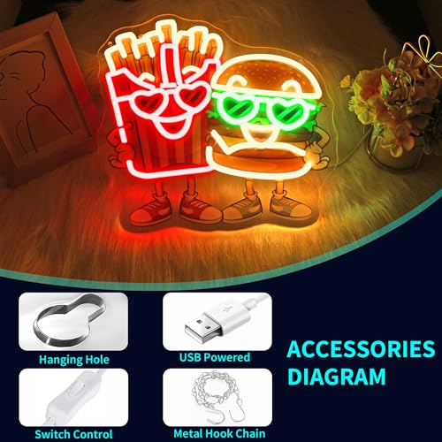 Image of Burgers Neon sign - JGHTURIE Hamburger and French Fries Neon Signs for Wall Decor LED Light up UV Printed Preparatory Home Restaurant Club Decoration USB Powered